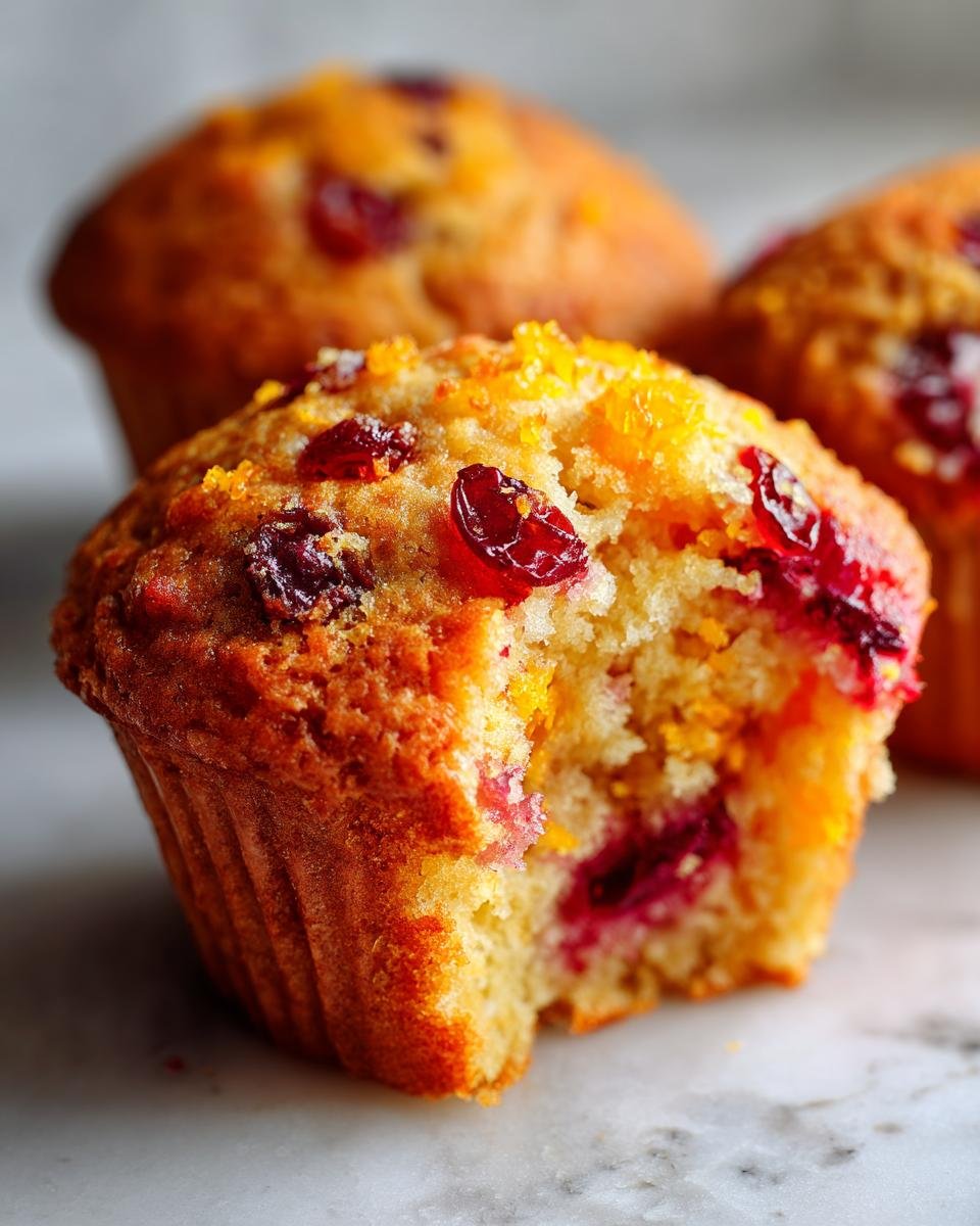 Close-up of a Vegan Orange Cranberry Breakfast Muffin with a bite taken out, showing moist interior and bright cranberries.