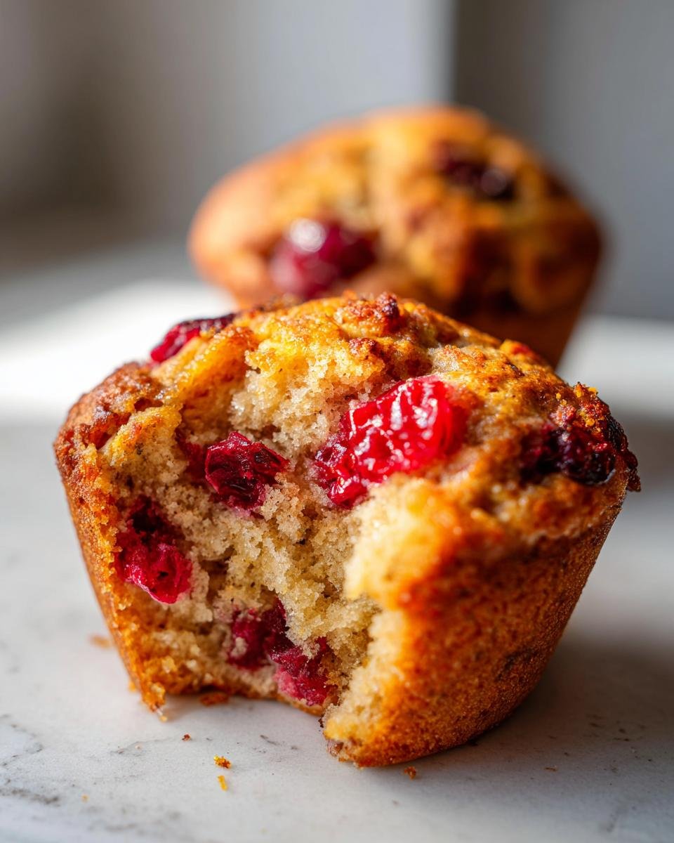 A close-up of a Vegan Orange Cranberry Breakfast Muffin with a bite taken out, showing the moist interior and bright red cranberries.