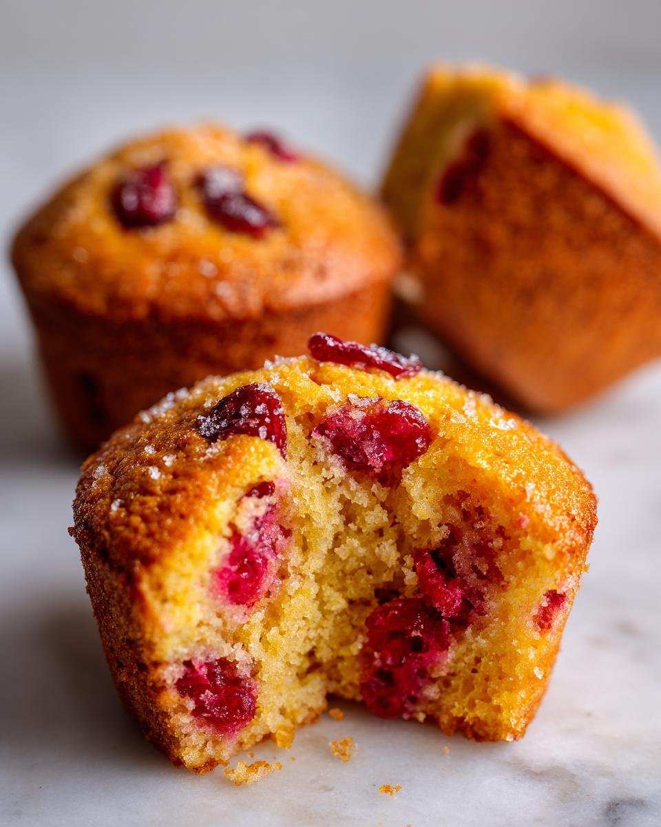 Close-up of a Vegan Orange Cranberry Breakfast Muffin with a bite taken out, showing moist interior and bright red cranberries.