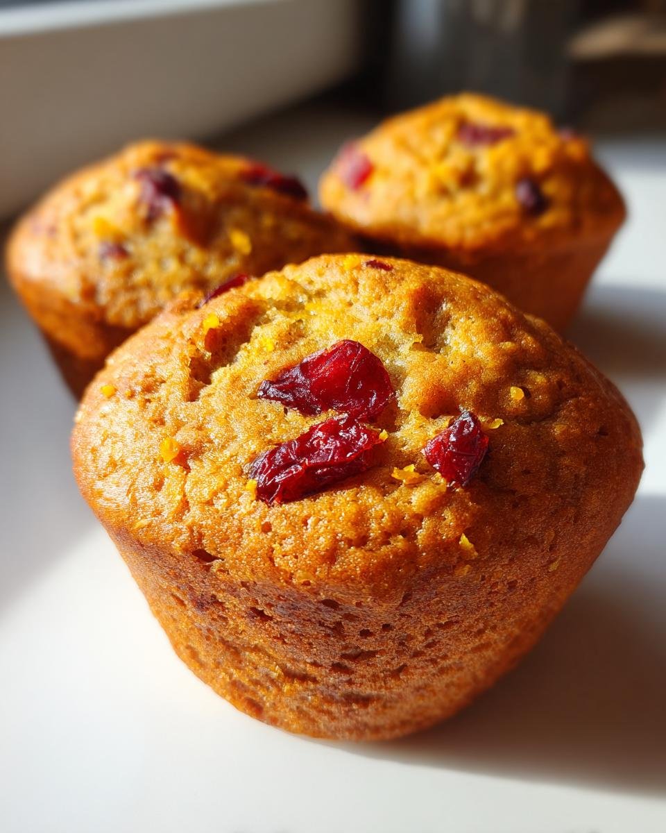 Close-up of a golden-brown Vegan Orange Cranberry Breakfast Muffin topped with dried cranberries.