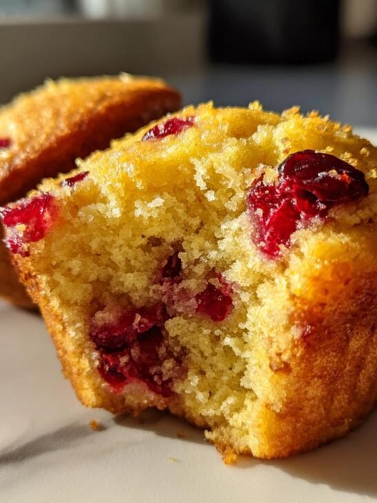 Close-up of a Vegan Orange Cranberry Breakfast Muffin, broken open to show the moist interior and bright red cranberries.