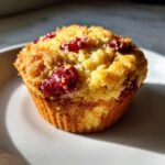 A close-up, sunlit shot of a single Vegan Orange Cranberry Breakfast Muffin with visible cranberries on top.