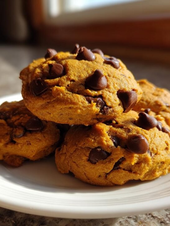 Close-up of four soft Vegan Pumpkin Chocolate Chip Cookies stacked on a white plate, illuminated by sunlight.