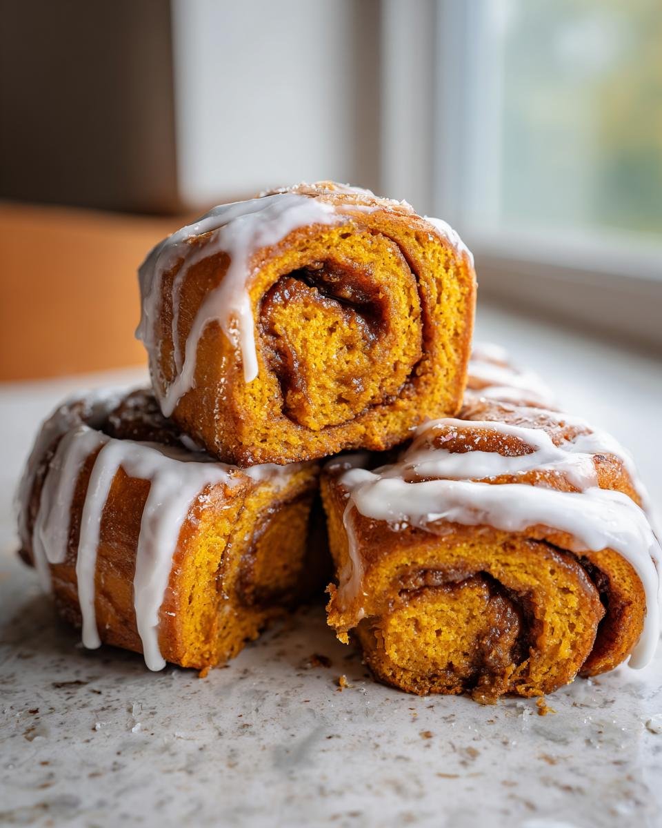 Close-up of three Vegan Pumpkin Pie Cinnamon Rolls stacked, dripping with white icing, showing the orange pumpkin swirl filling.