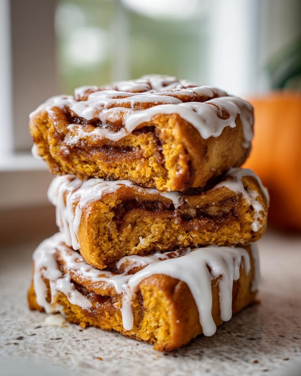 A stack of three moist Vegan Pumpkin Pie Cinnamon Rolls generously drizzled with white icing.