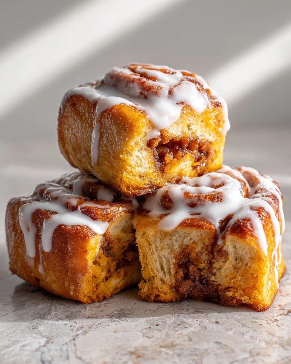 Three soft Vegan Pumpkin Pie Cinnamon Rolls stacked, drizzled with thick white icing, showing the gooey pumpkin filling.