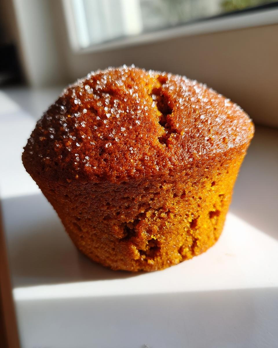 A single, golden-brown Vegan Pumpkin Spice Muffin topped with coarse sparkling sugar, sitting near a window.