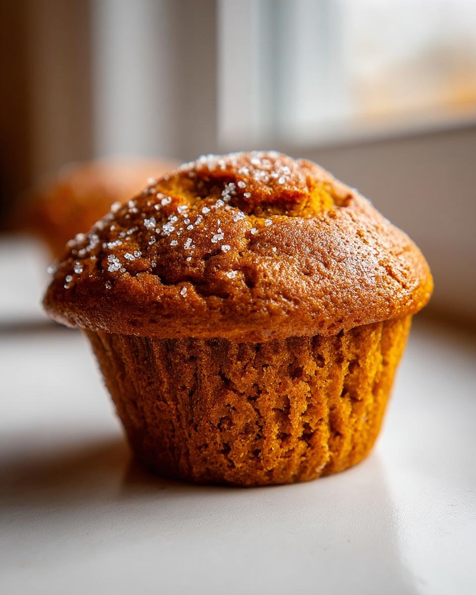 A close-up of a single, perfectly baked Vegan Pumpkin Spice Muffin topped with coarse sugar crystals.