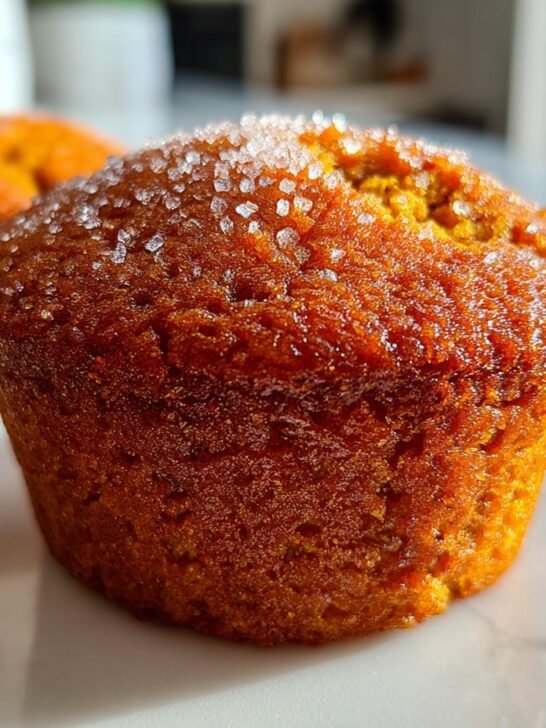 Close-up of a perfectly baked Vegan Pumpkin Spice Muffin topped with coarse sparkling sugar crystals.