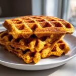 A tall stack of golden-brown Vegan Pumpkin Spice Waffles resting on a white plate near a window.