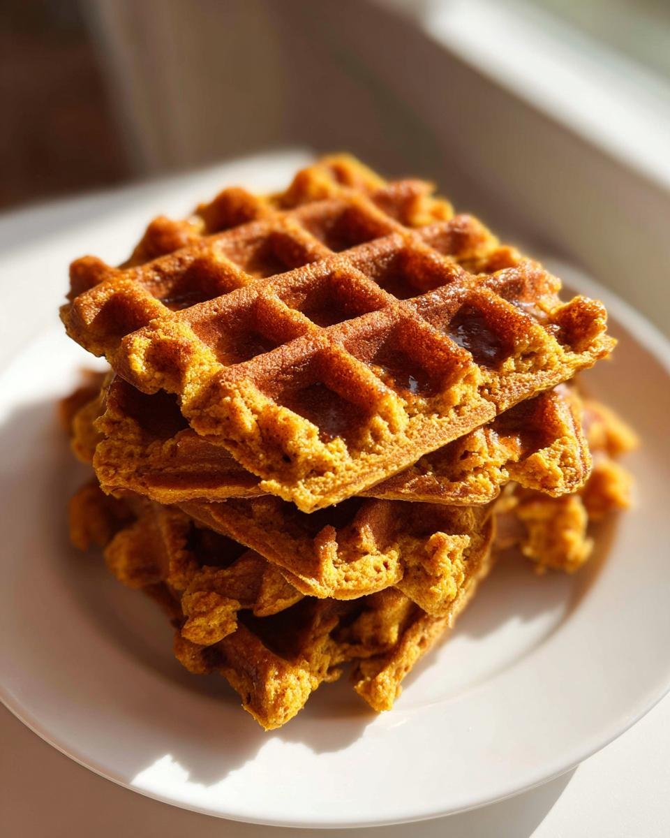 A tall stack of golden-brown Vegan Pumpkin Spice Waffles resting on a white plate, illuminated by bright sunlight.
