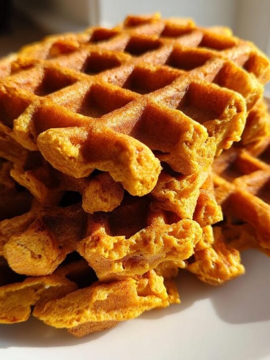 A tall stack of golden-orange Vegan Pumpkin Spice Waffles piled high on a white plate.