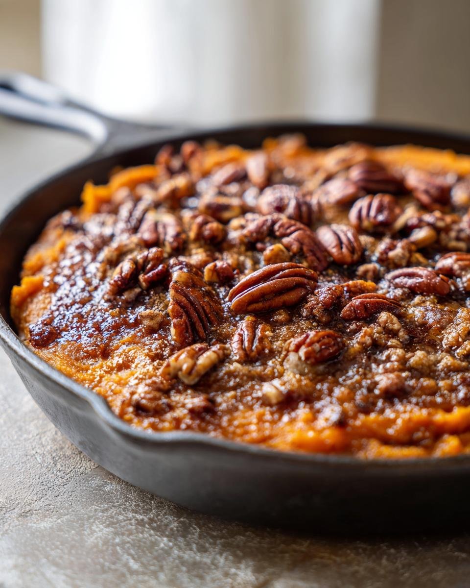 Close-up of Vegan Skillet Sweet Potato Casserole topped generously with glazed pecans in a cast iron pan.