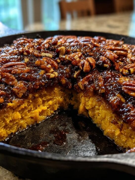 Close-up of a rich Vegan Skillet Sweet Potato Casserole topped with glazed pecans in a cast iron pan.