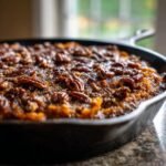 Close-up of a rich Vegan Skillet Sweet Potato Casserole topped with glazed pecans.