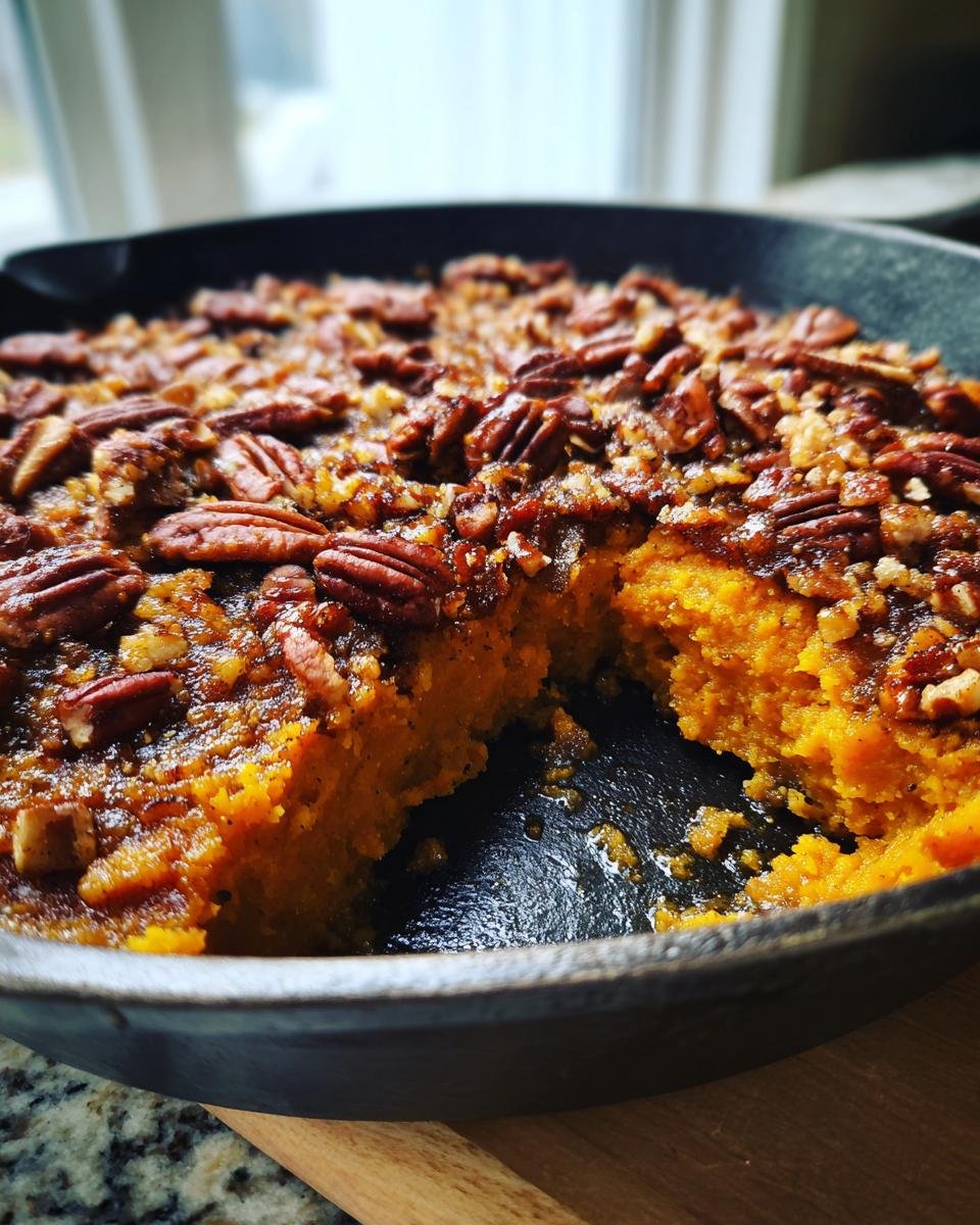 Close-up of a rich Vegan Skillet Sweet Potato Casserole topped with glazed pecans in a cast iron pan.