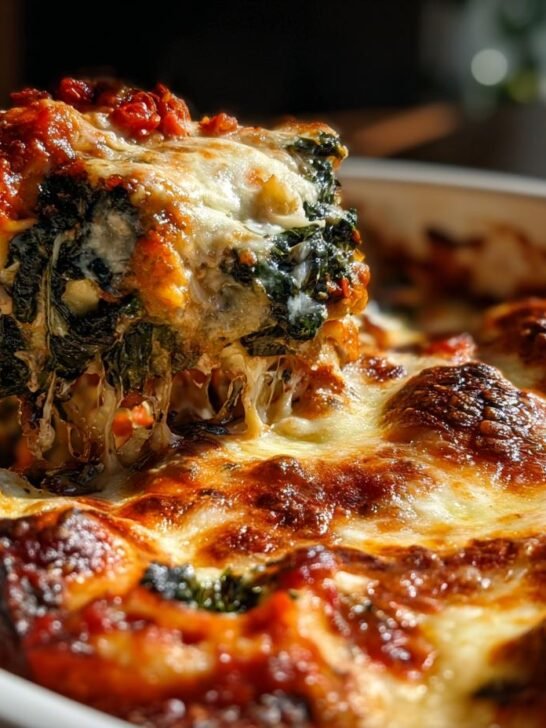 Close-up of a gooey, cheesy serving being lifted from a Weeknight Tomato Kale Ravioli Bake.