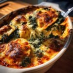 A spoonful of cheesy Weeknight Tomato Kale Ravioli Bake being lifted from a baking dish, showing melted cheese pull and kale filling.
