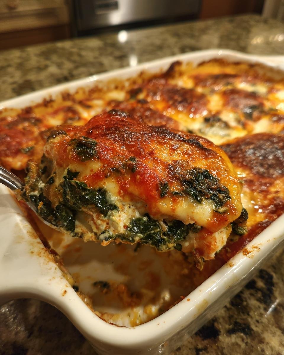 A spoonful of cheesy, baked Weeknight Tomato Kale Ravioli Bake lifted from a white casserole dish.