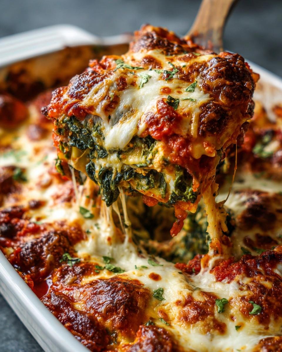 A cheesy, saucy serving being lifted from a baking dish of Weeknight Tomato Kale Ravioli Bake.