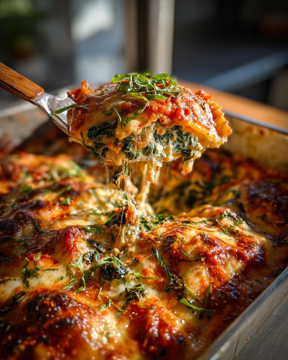 A serving spoon lifts a cheesy portion of Weeknight Tomato Kale Ravioli Bake, showing melted cheese pull.