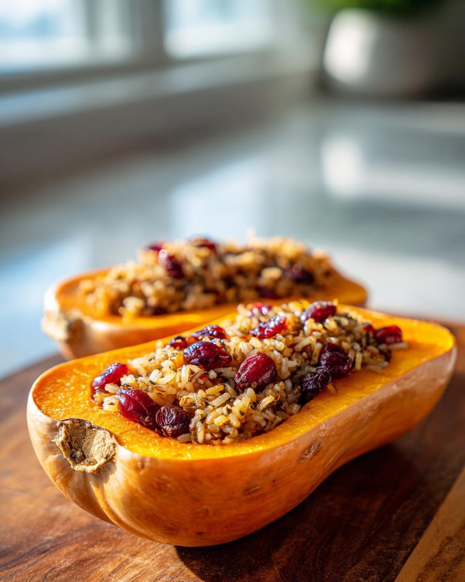 Two halves of baked butternut squash filled with wild brown rice stuffing and dried cranberries.