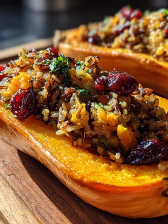 Close-up of a roasted butternut squash half filled with Wild Brown Rice Stuffed Butternut Squash mixture and dried cranberries.