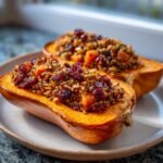 Two halves of roasted butternut squash filled with a savory Wild Brown Rice Stuffed Butternut Squash mixture featuring dried cranberries.
