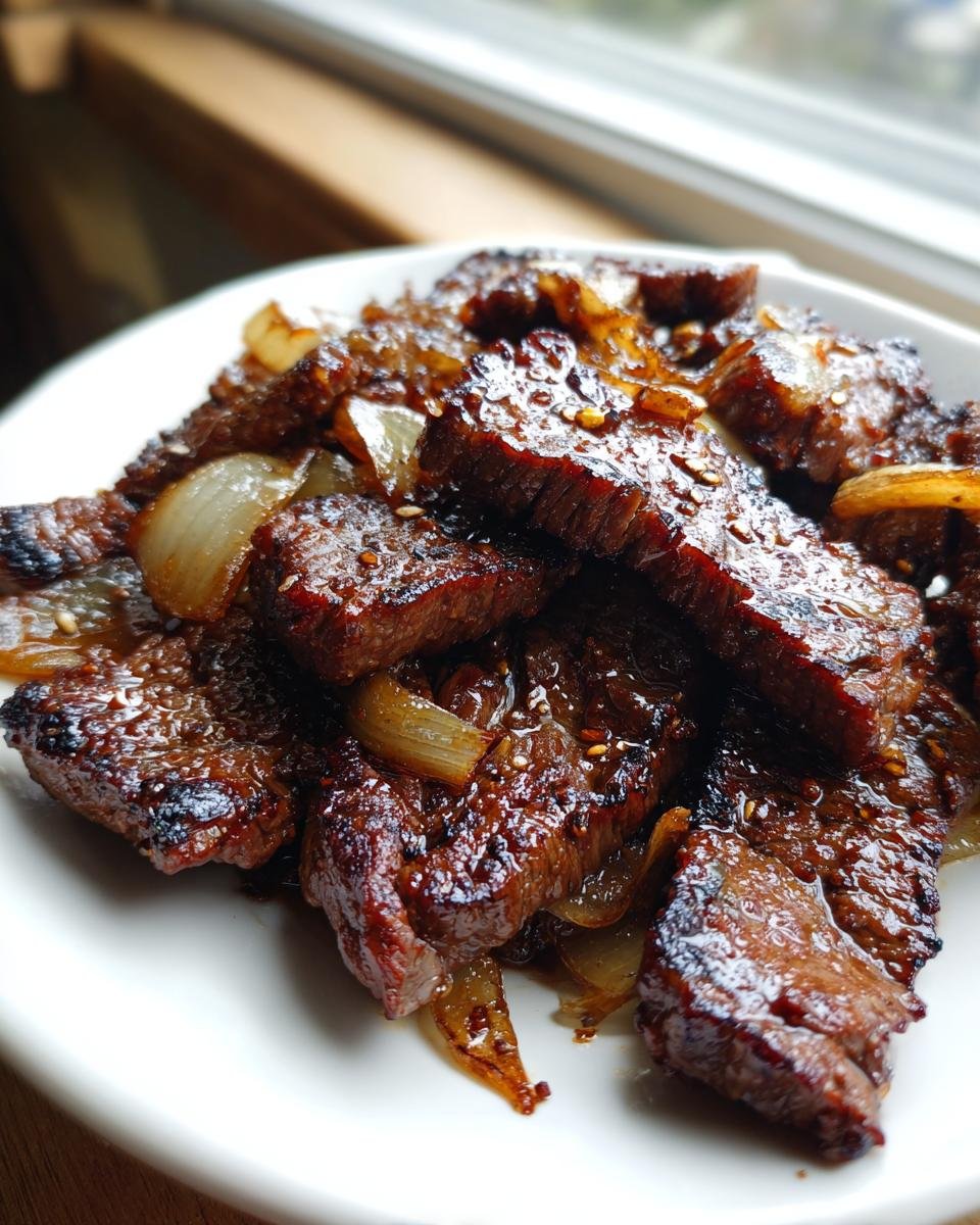 Close-up of juicy, caramelized pieces of Bulgogi beef mixed with saut&eacute;ed onions, sprinkled with sesame seeds.
