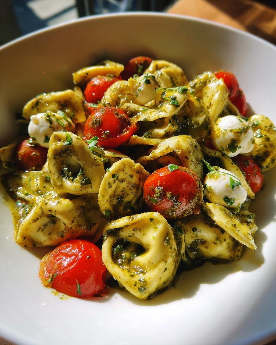 A close-up view of a white bowl filled with 30 Minute Pesto Tortellini Salad, featuring tortellini, cherry tomatoes, and mozzarella balls coated in pesto.
