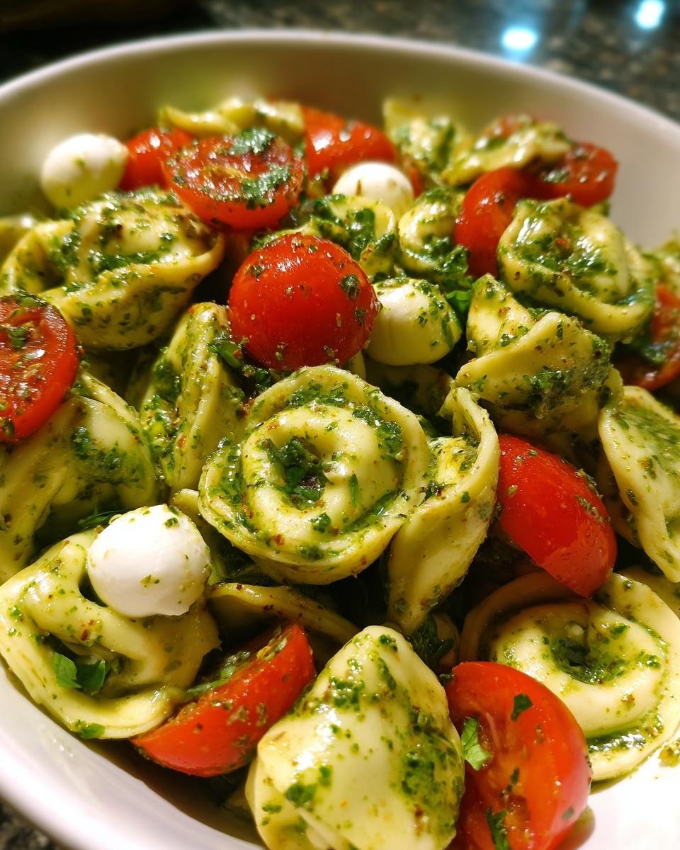 Close-up of fresh 30 Minute Pesto Tortellini Salad featuring tortellini, halved cherry tomatoes, and mozzarella balls tossed in pesto.