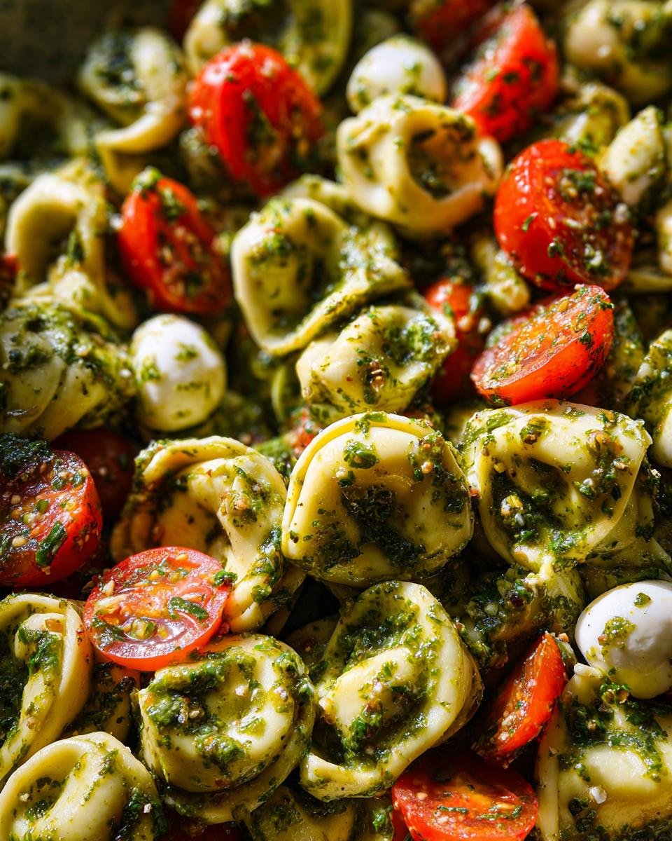 Close-up of tortellini coated in green pesto, mixed with halved cherry tomatoes and small mozzarella balls in the 30 Minute Pesto Tortellini Salad.