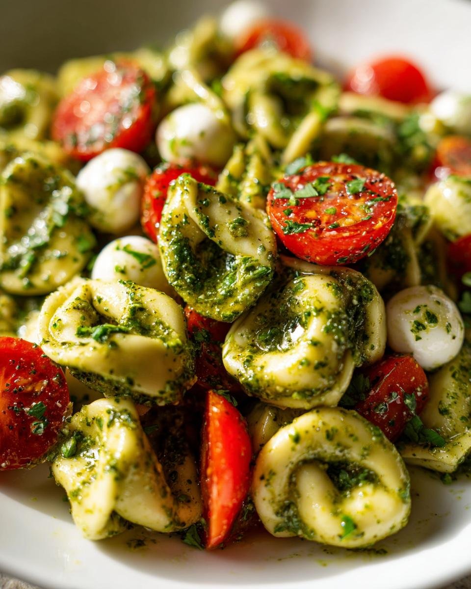 Close-up of tortellini pasta coated in green pesto, mixed with halved cherry tomatoes and small mozzarella balls in a 30 Minute Pesto Tortellini Salad.