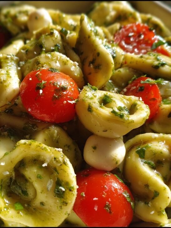 Close-up of tortellini pasta coated in green pesto sauce with cherry tomatoes in this 30 Minute Pesto Tortellini Salad.