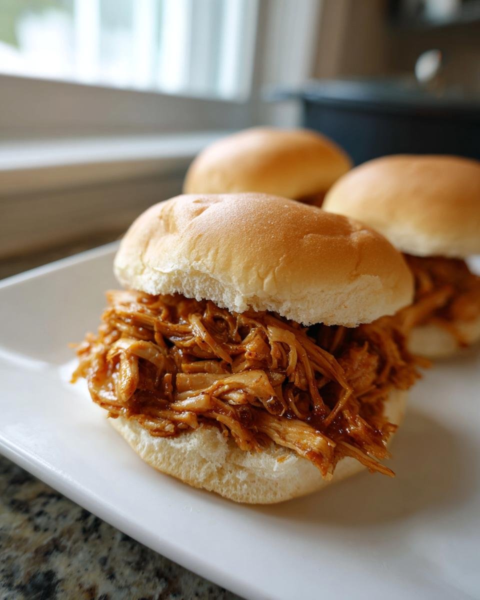 A close-up of one serving of delicious shredded chicken sandwiches piled high on soft buns.