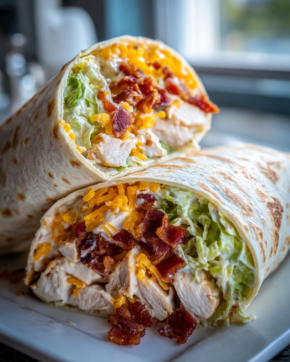 Close-up of a halved Chicken Bacon Ranch Wrap showing chunks of chicken, lettuce, bacon, cheese, and ranch dressing.