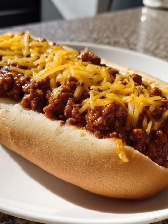 A close-up of a fully loaded Chili Cheese Dogs sandwich in a bun, topped with savory chili and shredded cheddar cheese.