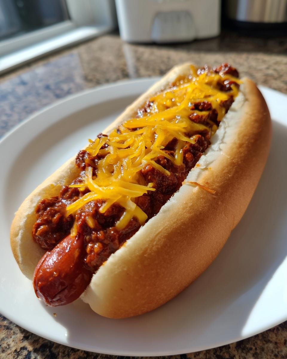 A fully loaded hot dog smothered in chili and topped with shredded cheddar cheese, making delicious Chili Cheese Dogs.