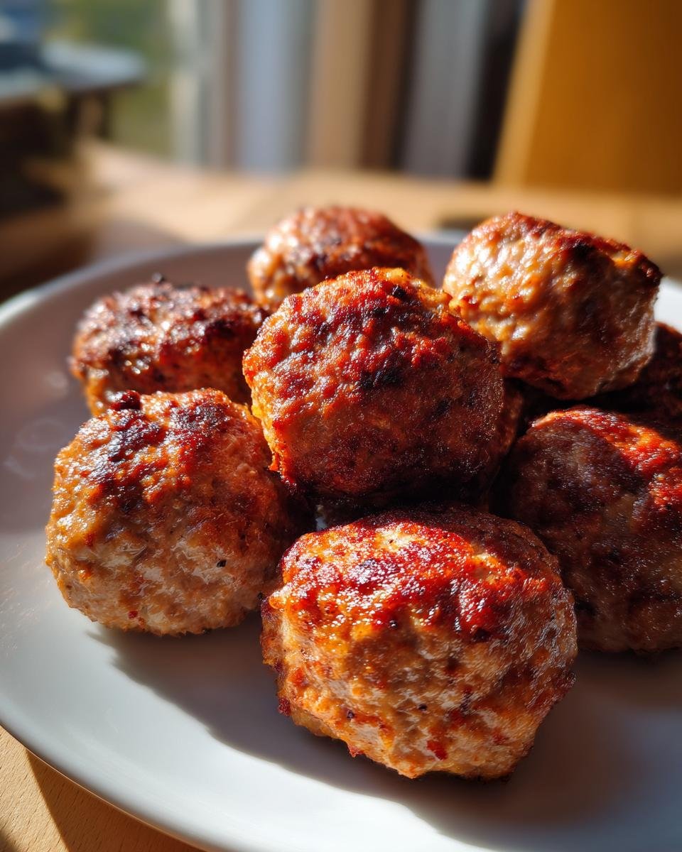 A close-up of several perfectly browned Baked Meatballs piled on a white plate, catching bright sunlight.