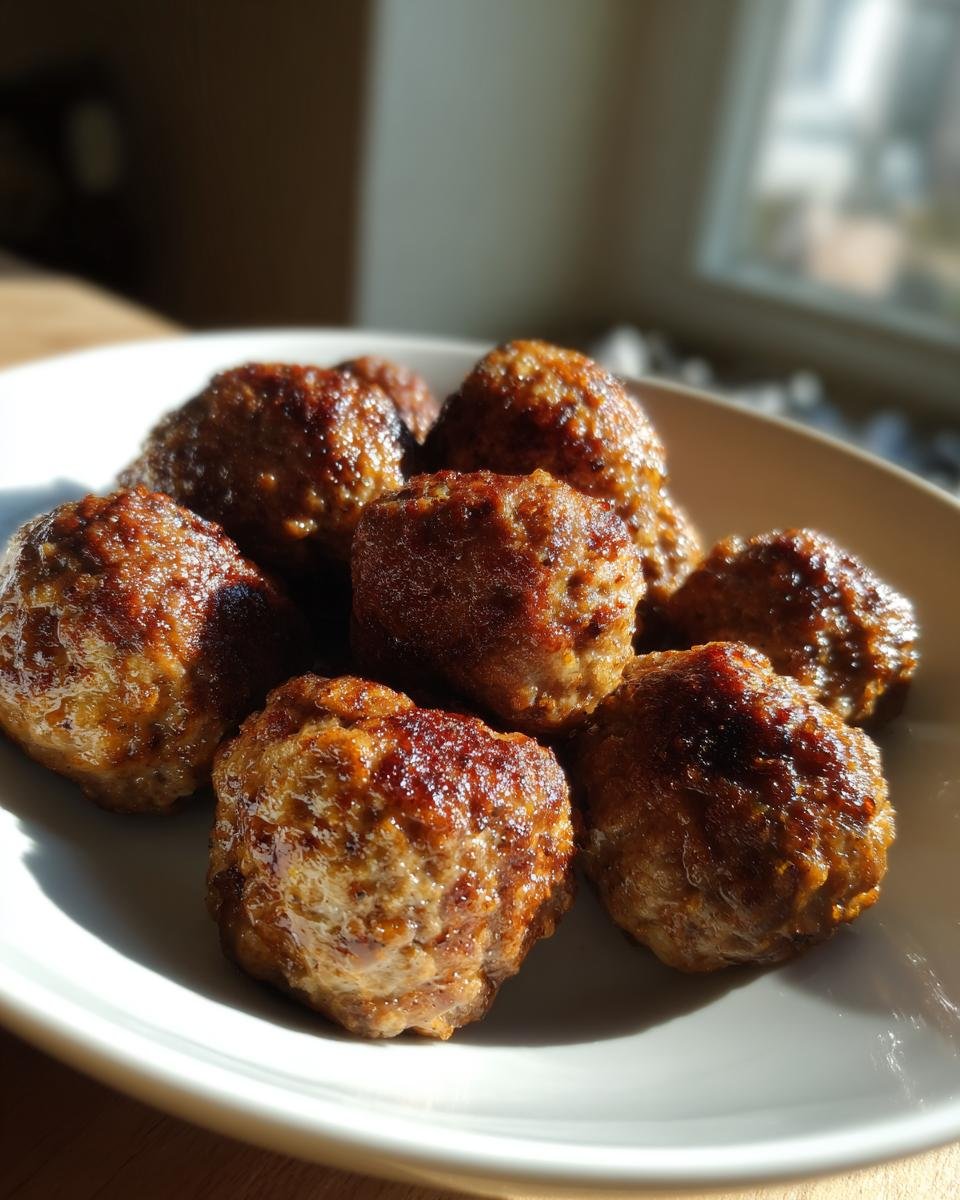 A close-up of several golden-brown, glossy Baked Meatballs piled on a white dish, lit by natural sunlight.