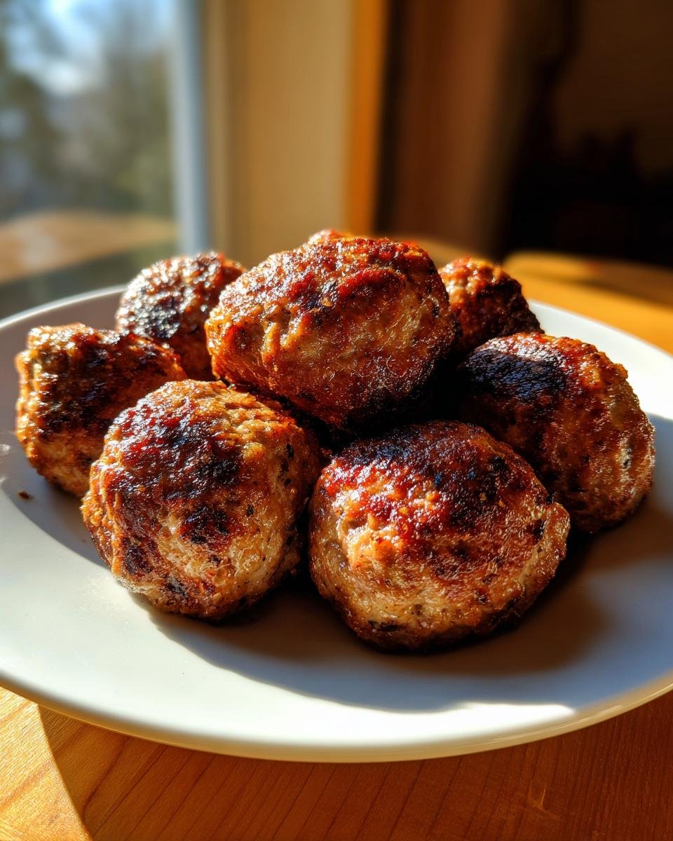 A stack of freshly baked meatballs with a deep brown, caramelized crust resting on a white plate.