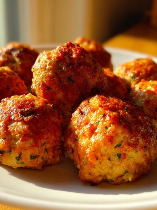A close-up of several golden brown, perfectly formed Baked Meatballs seasoned with visible green herbs, resting on a white plate.