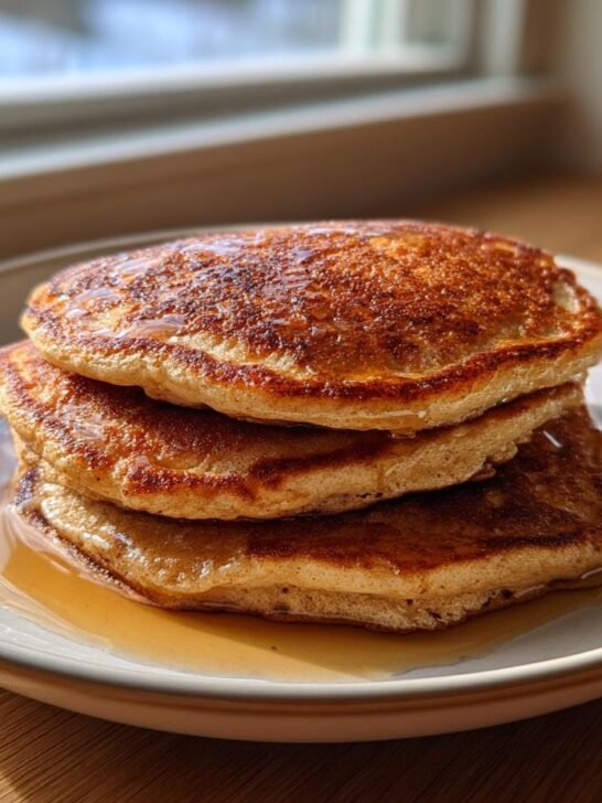 A stack of three fluffy Banana Pancakes drizzled generously with syrup, served on a light plate.