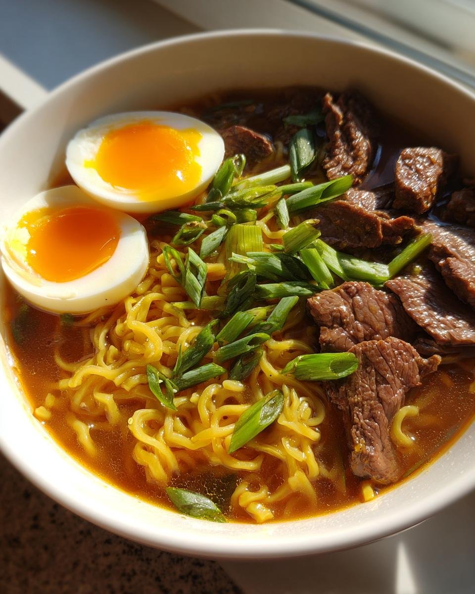 Close-up of a bowl of amazing Beef Ramen Noodles topped with sliced beef, green onions, and a halved soft-boiled egg.