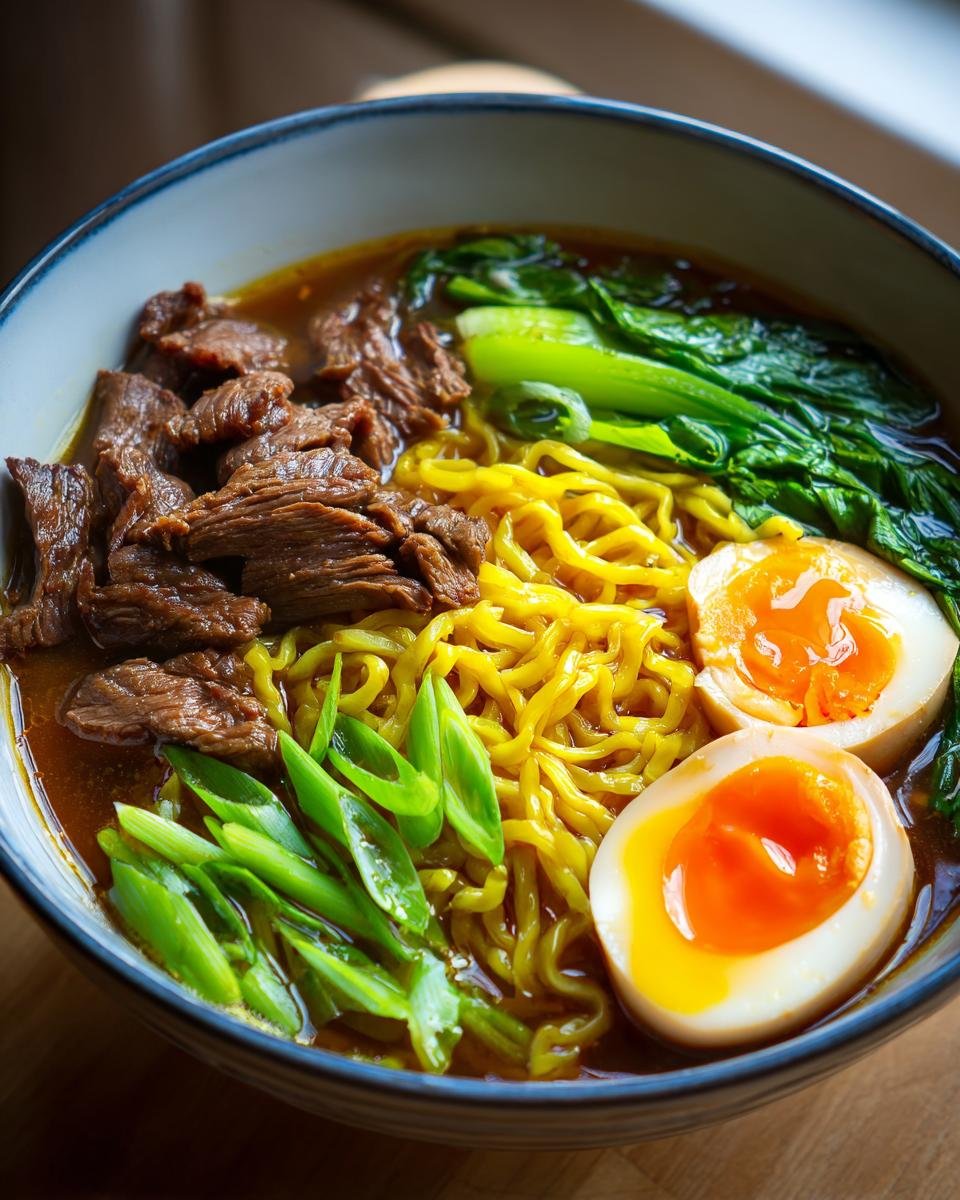A close-up of a bowl of amazing Beef Ramen Noodles featuring sliced beef, yellow noodles, soft-boiled eggs, and green onions.