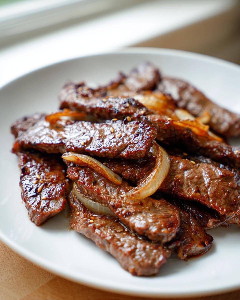 Close-up of perfectly cooked, glazed Bulgogi beef strips mixed with caramelized onions on a white plate.