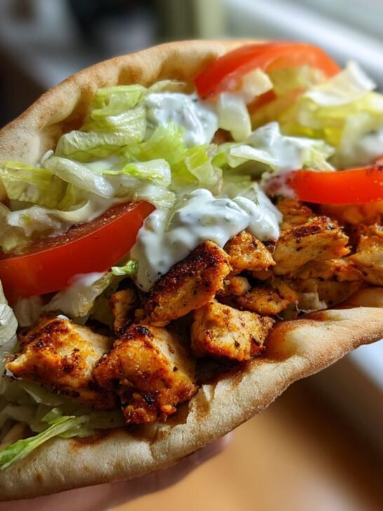 A close-up of a loaded pita bread filled with seasoned Chicken Gyros meat, lettuce, tomato, and tzatziki sauce.
