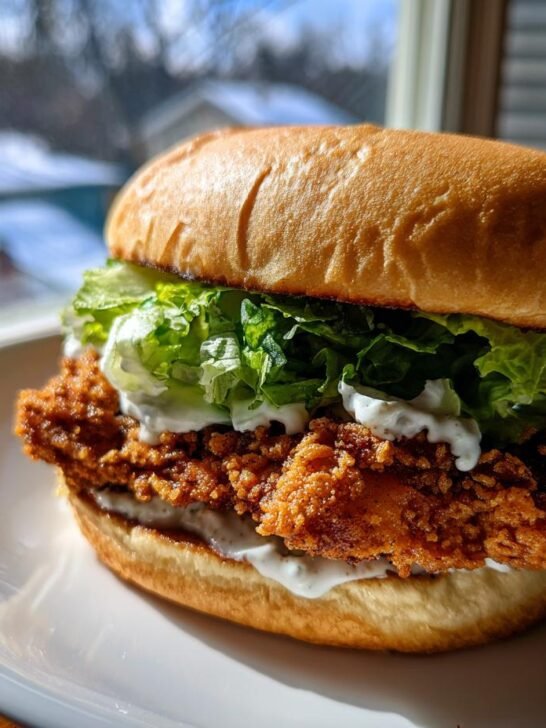 A delicious Crispy Chicken Caesar Sandwich featuring a thick, crunchy fried chicken patty, lettuce, and creamy sauce on a brioche bun.