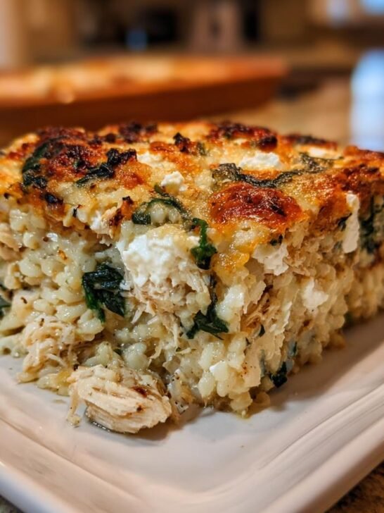 A close-up slice of Amazing Greek Chicken Casserole with rice, spinach, and a golden-brown cheesy top.