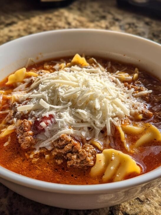 A close-up of a white bowl filled with rich, tomato-based Lasagna Soup, featuring ground meat and pasta, generously topped with shredded mozzarella.